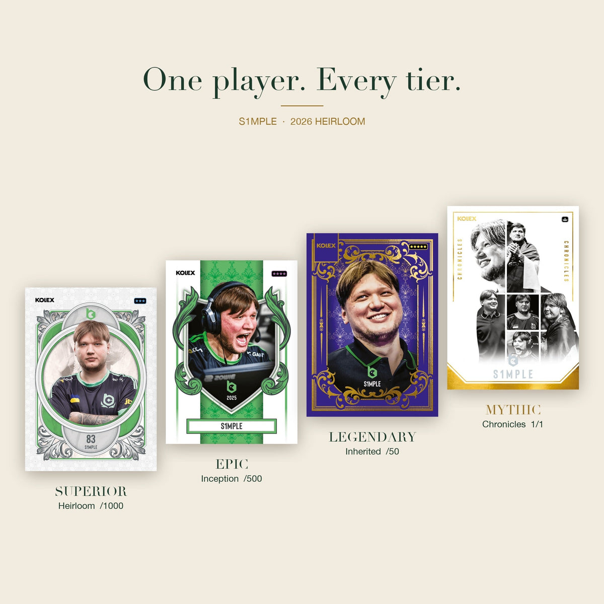 One player, every tier: s1mple Heirloom /1000, Inception /500, Inherited /50 and Chronicles 1/1
