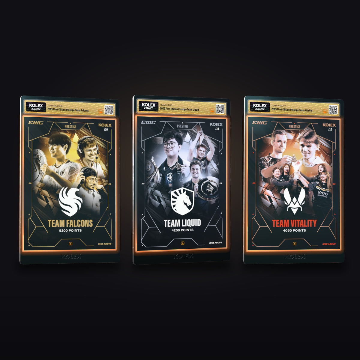 Prestige /10 team cards: Team Falcons, Team Liquid and Team Vitality, slabbed