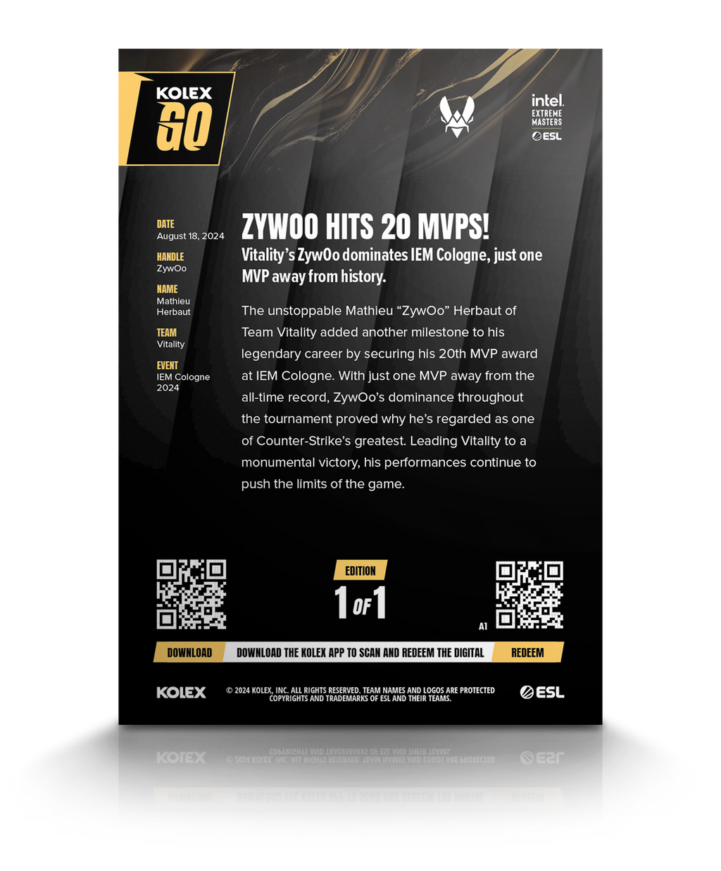 Mathieu “ZywOo” Herbaut’s 20th MVP Award KolexGO CS2 Card