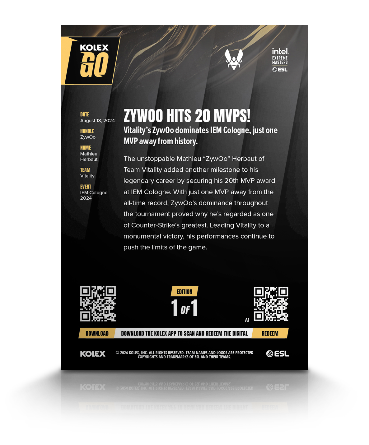 Mathieu “ZywOo” Herbaut’s 20th MVP Award KolexGO CS2 Card