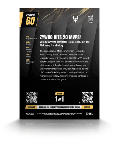 Mathieu “ZywOo” Herbaut’s 20th MVP Award KolexGO CS2 Card