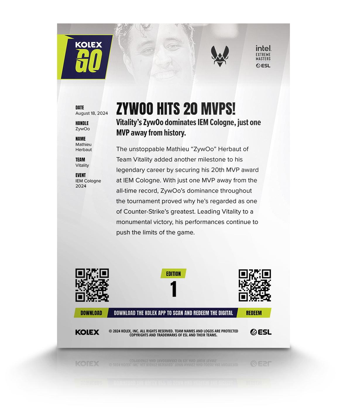 Mathieu “ZywOo” Herbaut’s 20th MVP Award KolexGO CS2 Card