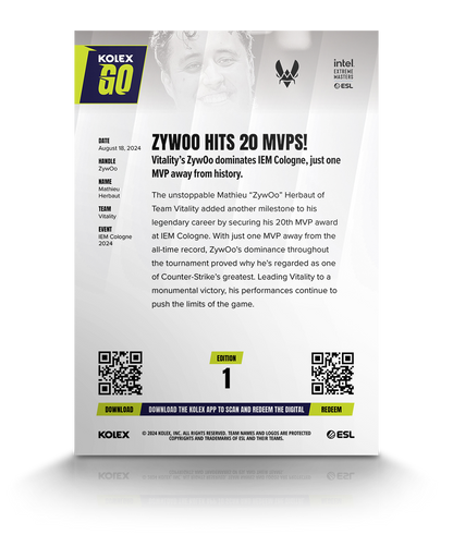 Mathieu “ZywOo” Herbaut’s 20th MVP Award KolexGO CS2 Card